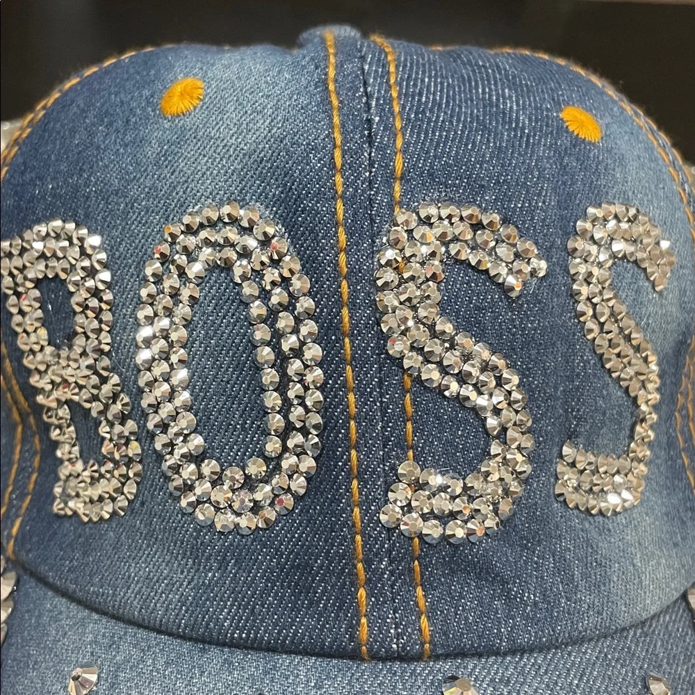 Distressed Denim Cap with Rhinestone 'BOSS' Design - Picture 2 of 10